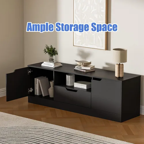 Miniatura 3 de Housoul Soporte de TV para TV de 55/60/65 pulgadas, centro de entretenimiento con 2 puertas y cajón, consola de TV multimedia con gabinete de Negro