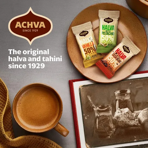 Miniatura 4 de Halva Tahini Bar Mini Snacks – Surtido de 18 aperitivos israelíes Halvah de pistacho, vainilla y cacao en grano – Snacks veganos Kosher sin gluten
