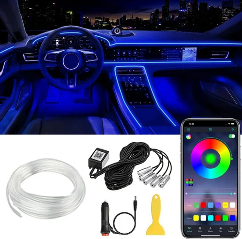 Luces LED en tira para interior de automóvil con control por APP, kit de iluminación ambiental RGB 5 en 1 de 16 millones de colores con fibra óptica