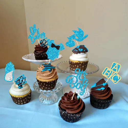 Miniatura 8 de 24 adornos para cupcakes Oh Baby con purpurina azul "It's a Boy" con botella de cisne, para baby shower, revelación de género, decoraciones