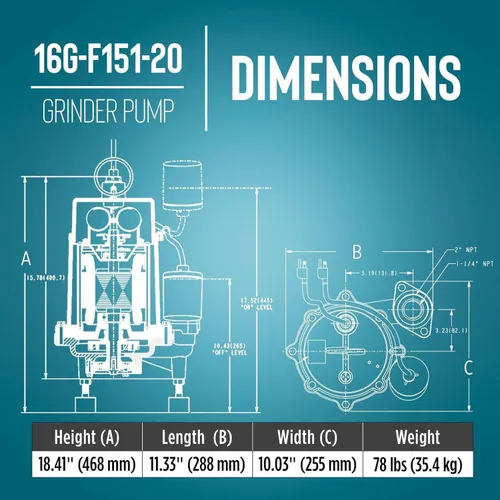 Miniatura 8 de Little Giant 16G-F151-20, 115V, 2958 GPH, 1 HP Bomba amoladora automática para sistemas de aguas residuales y efluentes con interruptor de flotador
