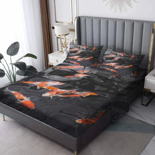 Miniatura 9 de Goldfish Sábanas tamaño individual, sábanas de cama de peces, microfibra suave, bolsillo profundo, sábanas y fundas de almohada estampadas sin