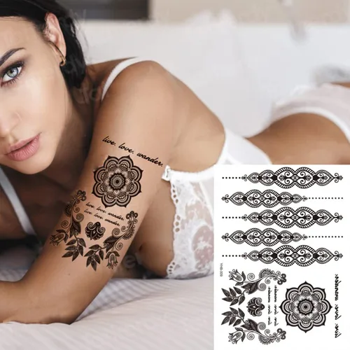 6 hojas de tatuajes temporales de henna negra para mujeres y niñas, calcomanías de tatuaje falsas de encaje, misterioso, sexy, mandala, flor, diseño