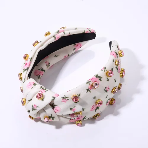 Miniatura 4 de Diademas anudadas con perlas para mujer, diademas de flores impresas con diamantes de imitación, diademas anudadas de cristal, cuentas brillantes