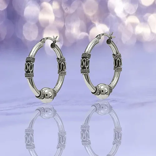 Miniatura 3 de LeCalla Pendientes de aro Bali ligeros de plata de ley oxidada, de dos tonos, para mujer