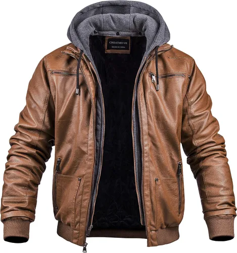 Miniatura 2 de CREATMO US Chaqueta de piel sintética para hombre, impermeable, resistente al viento, PU con capucha extraíble