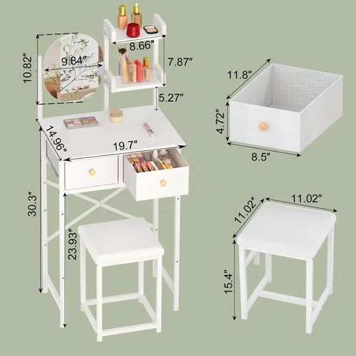 Miniatura 8 de Mesa de tocador pequeña de 19.7" de ancho con espejo y silla, juego de mesa de maquillaje mini y linda con 2 cajones de almacenamiento de tela
