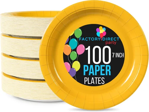 Exquisite Party Solids - Platos desechables de papel amarillo de 7 pulgadas, para fiestas, 100 unidades, resistentes, 350 GSM, suministros de