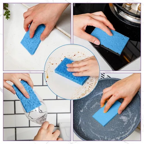 Miniatura 4 de Zhengmy 48 esponjas a granel, esponjas comprimidas de cocina, esponja natural para platos, limpieza de pulpa de madera comprimida sin rayar para Azul