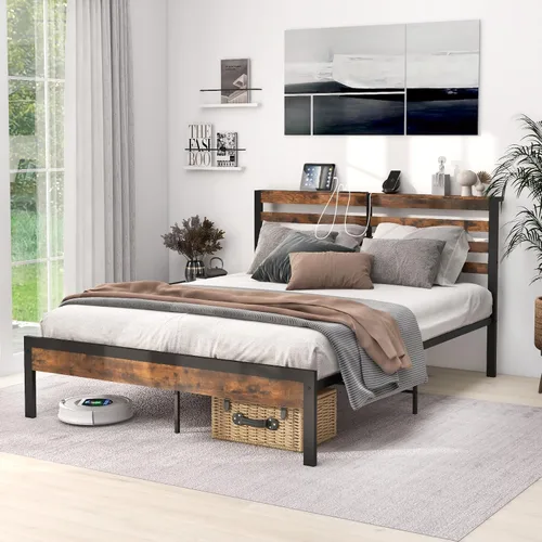 Miniatura 7 de Giantex Base de cama de metal con estación de carga, plataforma industrial con cabecera de almacenamiento, base de colchón resistente, fácil