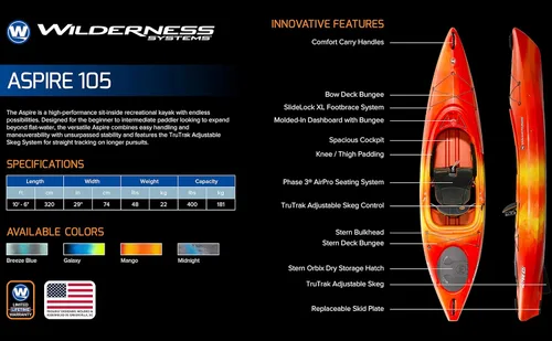 Miniatura 3 de Wilderness Systems Aspire 105 Sit Inside Kayak recreativo Skeg ajustable - Fase 3 Air Pro Seating Mango