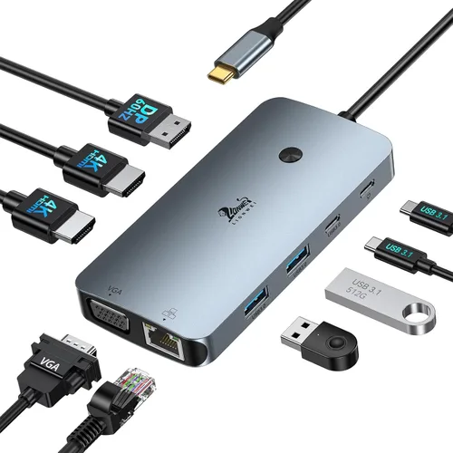 Miniatura 11 de LIONWEI Estación de acoplamiento para laptop 9 en 1, HDMI dual, 100 W PD, USB C 3.0, Ethernet, audio/micrófono, concentrador USB C para portátiles