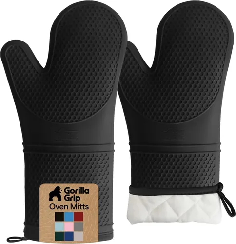 Gorilla Grip - Juego de guantes de horno de silicona resistentes al calor extralargos, forro acolchado suave, guantes flexibles impermeables para