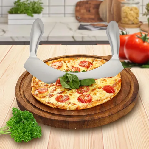 Miniatura 8 de Cuchillo Mezzaluna de acero inoxidable de 8.7 pulgadas, picador de ensalada, cortador de pizza, cuchillo basculante de hoja curvada, hoja afilada