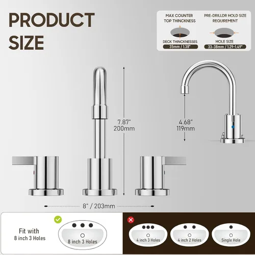 Miniatura 3 de Phiestina Grifo de baño cromado extendido de 8 pulgadas con 3 orificios, grifo de tocador de baño de 2 manijas con desagüe emergente de metal
