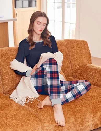 Miniatura 268 de Ekouaer Conjunto de pijama de manga larga para mujer, ropa de dormir suave con cuello redondo y bolsillos