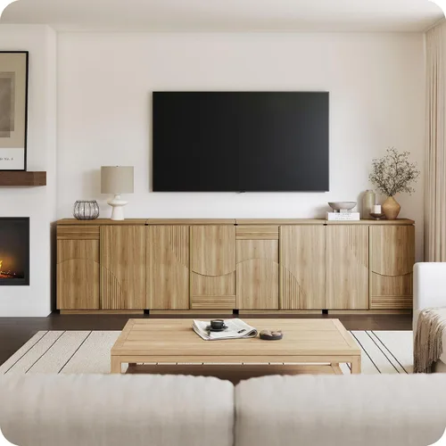 Miniatura 14 de BELLEZE - Gabinete de aparador de 31 pulgadas de estilo moderno de mediados de siglo, gabinete de buffet con arco de madera y almacenamiento, mesa