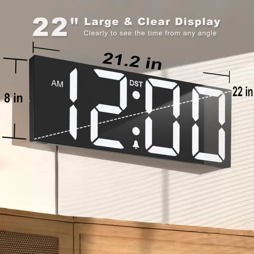 Miniatura 2 de JALL Reloj de pared digital grande de 22'', pantalla de números LED grande, DST, luz nocturna para aula, sala de estar, dormitorio, montado, regalo