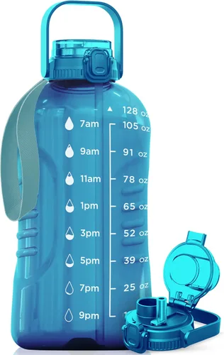 Miniatura 12 de AQUAFIT Botella de agua de 128 onzas con marcador de tiempo, popote 2 en 1 y tapa para beber, botella de agua grande para gimnasio sin BPA