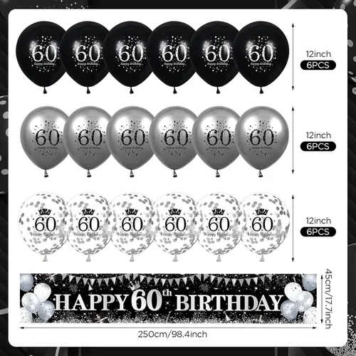 Miniatura 6 de Decoraciones de feliz cumpleaños 60, pancarta negra y plateada, letrero de patio, globos de 18 piezas para hombres y mujeres, fiesta de cumpleaños