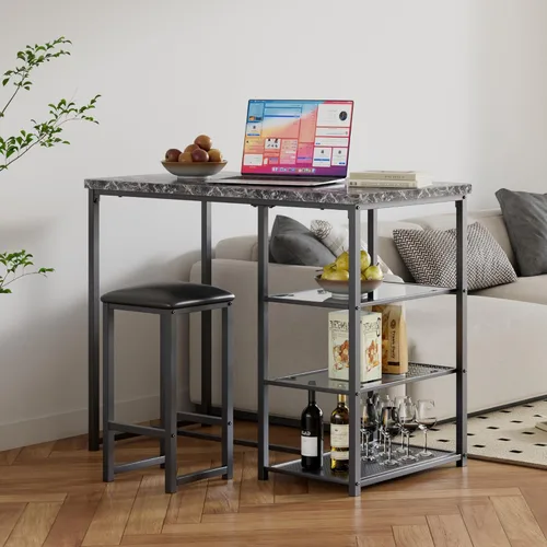 Miniatura 7 de VECELO juego de mesa de bar pequeña y sillas para 2, taburetes tapizados y estantes de almacenamiento de vidrio, para cocina, comedor, rincón