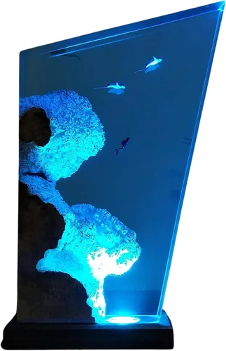 Manta Ray and Diver - Lámpara de madera de resina para buceo, lámpara de mar azul profundo, diorama temático del océano, lámpara de rayas de rayas,