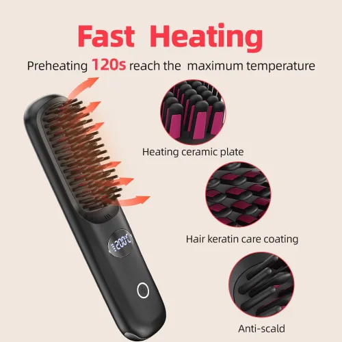 Miniatura 4 de Cepillo alisador de pelo inalámbrico para viajes, peine alisador de pelo portátil con mini cepillo caliente de iones negativos para mujeres