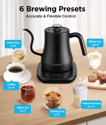 Miniatura 2 de KOIOS Hervidor eléctrico de cuello de cisne con control de temperatura de ± 1 ℉ y modo de silencio, 0.8 litros para café y té, caldera de agua