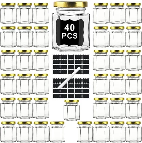 Paquete de 40 tarros pequeños de vidrio para miel con tapas para recuerdos de boda, baby showers, tarros de vidrio herméticos de 3 onzas con tapas,