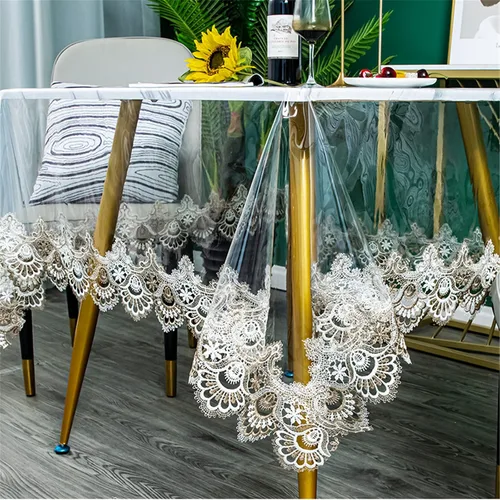 Miniatura 8 de Mantel redondo de plástico transparente, impermeable, de vinilo, PVC, bordado, borde de encaje, transparente, para cocina, uso en exteriores e