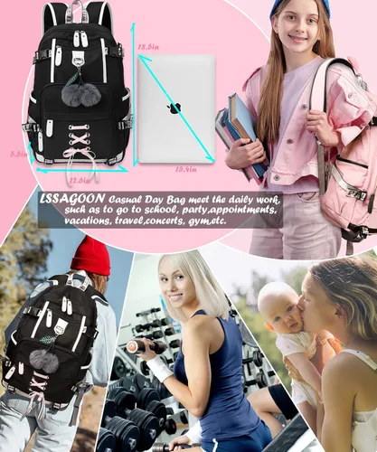 Miniatura 8 de Mochila para mujeres, adolescentes, niños y niñas, resistente al agua, casual, para laptop con puerto de carga USB, bonita bolsa para viajes