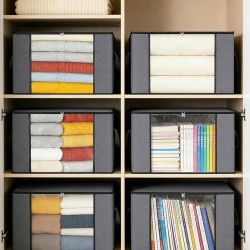 Miniatura 8 de Bolsas de almacenamiento grises de 90 L con tapas, cremallera y ventana transparente, paquete de 3 organizadores plegables grandes de armario