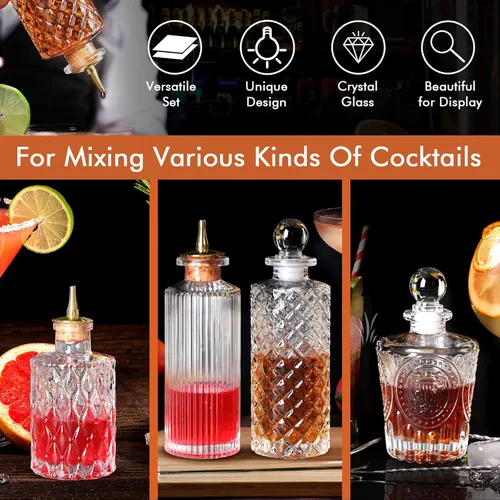 Miniatura 4 de SuproBarware Juego de 4 botellas de vidrio para cóctel con tapa de aleación de zinc para cóctel y exhibición (4 piezas)