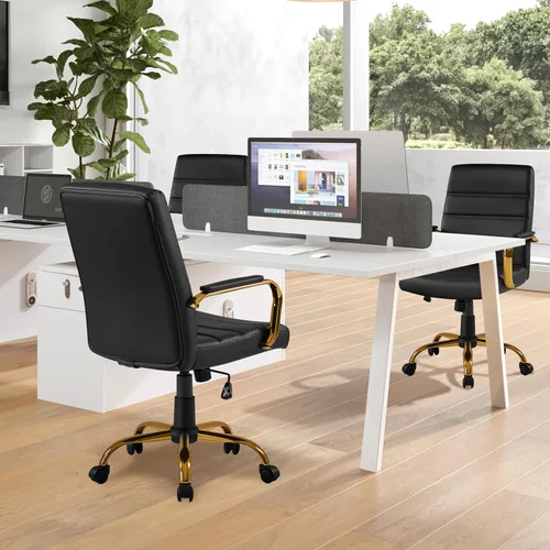 Miniatura 2 de Yaheetech Silla de Oficina de Respaldo Medio de Cuero PU Silla de Escritorio Ejecutiva Ajustable con Soporte Lumbar Patas Doradas Asiento Negro
