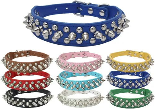 Miniatura 6 de Dogs Kingdom Collar de piel suave con remaches y picos de piel suave, hebilla ajustable, para perros pequeños, medianos y grandes, color rosa, XXS