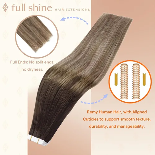 Miniatura 2 de Fshine Extensiones de cabello con cinta adhesiva de 22 pulgadas, extensiones de cabello real con raíces oscuras de degradado a marrón con reflejos #