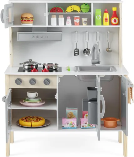 Miniatura 10 de Costzon Juego de cocina para niños, juego de cocina de madera con sonido, microondas, horno, máquina de hielo, campana extractora, estufas