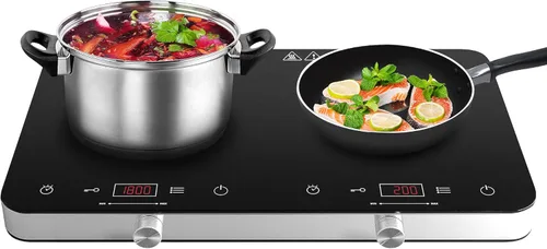Miniatura 11 de COOKTRON Placa de inducción portátil de 2 quemadores con parrilla de hierro fundido removible antiadherente, placa de inducción doble de 1800W