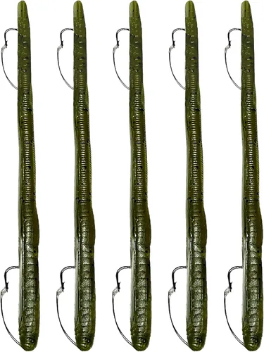 Miniatura 12 de DeLong Lures 6" KILR Worm – Made in USA Weedless Pre-Rigged Soft Plastic Swimbaits, Extra Durable Bass Fishing Lures for Pike and More, 5-Pack