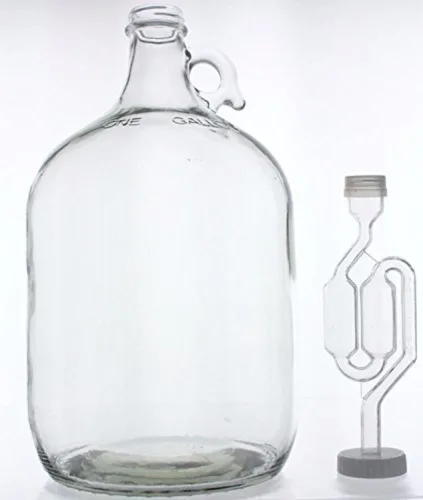 Fermentador de vino de vidrio de 1 galón: incluye doble burbuja Airlock y tapón de rosca de 1.496 in con orificio