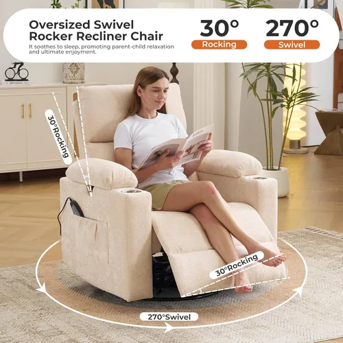 Miniatura 5 de Sillón reclinable eléctrico con balanceo para guardería con apoyabrazos ajustables, silla de lactancia con función de masaje y calor, reclinable