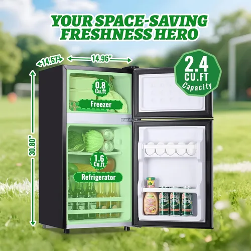 Miniatura 2 de DEMULLER - Refrigerador mini de 2.4 pies cúbicos con congelador superior, refrigerador compacto de doble puerta de tamaño para apartamento, Plateado