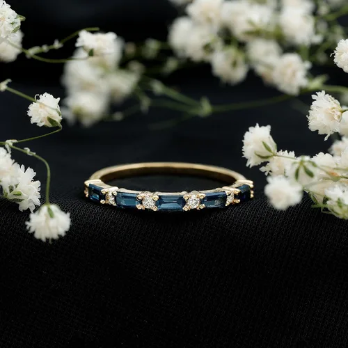 Miniatura 14 de Natural London Blue Topaz Diamond Half Eternity Anillo de calidad AAA, anillo apilable de topacio certificado – con joyero