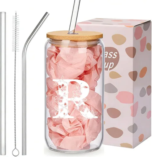 Miniatura 23 de Regalos personalizados para mujeres, tazas de vidrio con monograma con tapas y pajitas, regalos personalizados para mujeres, vasos de café helado