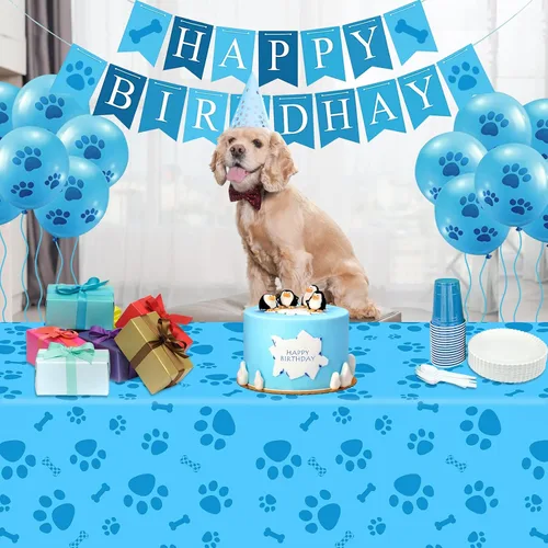 Miniatura 4 de DUAIAI Mantel con estampado de patas, 1 paquete de plástico de tamaño grande de 54 x 108 pulgadas, mantel con estampado de pata de perro y letrero