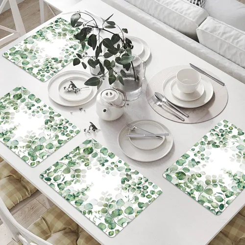 Miniatura 6 de Juego de 6 manteles individuales de plástico con hojas de eucalipto primaverales, manteles individuales de hojas de acuarela de verano, lavables