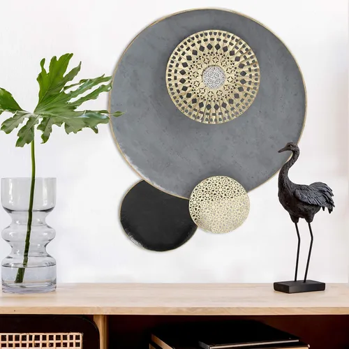 MODERNIST HOME - Roundeles flotantes, escultura de pared de metal, decoración, detalles dorados dorados, gris brillante y negro, detalles de patrón