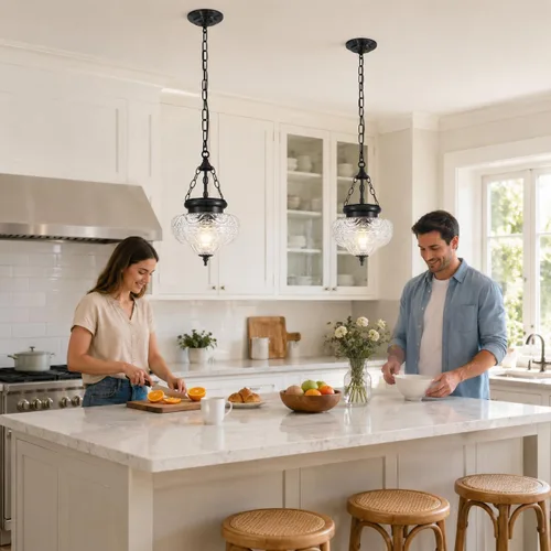 Miniatura 2 de Lámpara colgante vintage, luces colgantes negras mate para isla de cocina con vidrio grueso único, accesorios de iluminación colgantes con cadena