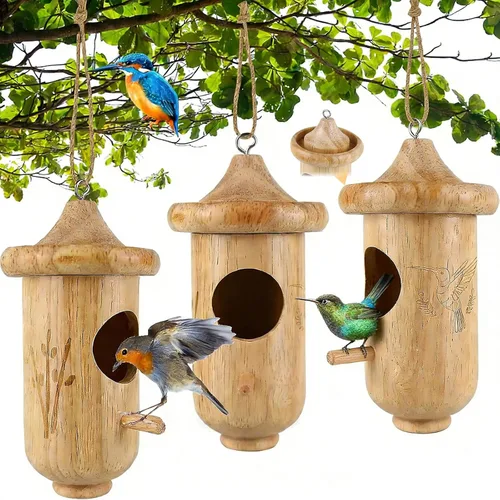 Miniatura 7 de Casa de colibrí para colgar en el exterior, ventana de jardín, nido decorativo de madera para colibríes, paquete de 3 unidades, azul, amarillo