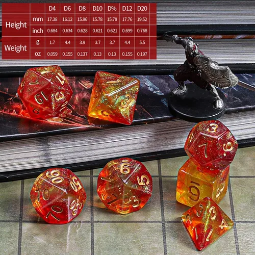 Miniatura 3 de CiaraQ DND - Juego de dados poliédricos con una bolsa de dados negra para juegos de mesa de rol D&D RPG MTG Rojo mezclado con naranja + purpurina